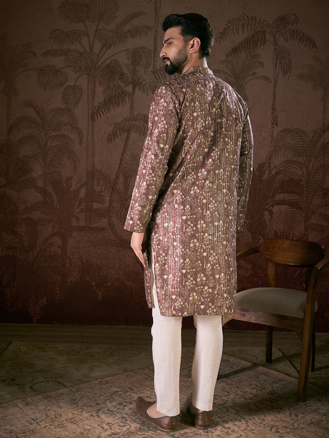 Men Mauve Silk Blend Floral Printed Straight Kurta-MKU1932