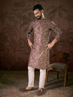 Men Mauve Silk Blend Floral Printed Straight Kurta-MKU1932