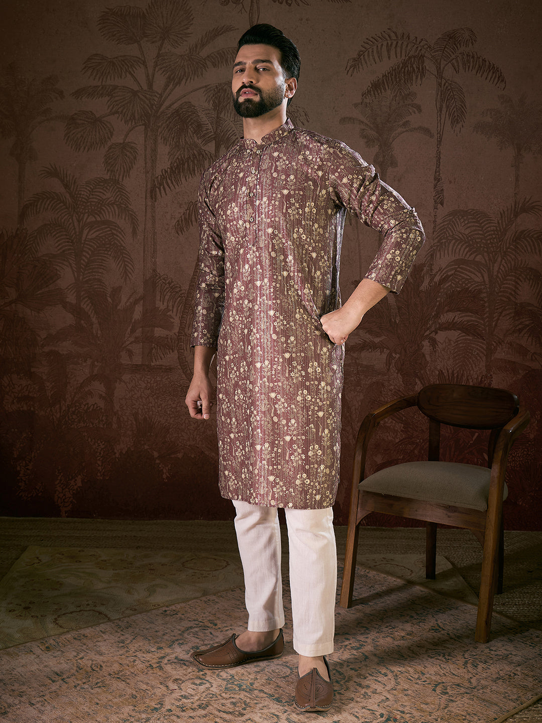 Men Mauve Silk Blend Floral Printed Straight Kurta-MKU1932