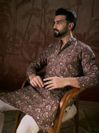 Men Mauve Silk Blend Floral Printed Straight Kurta-MKU1932