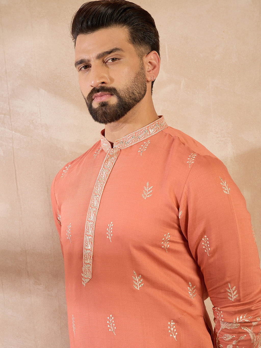 Men Peach Vartican Solid Embroidered Straight Kurta-MKU1935
