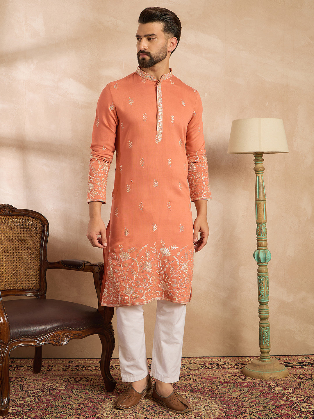 Men Peach Vartican Solid Embroidered Straight Kurta-MKU1935