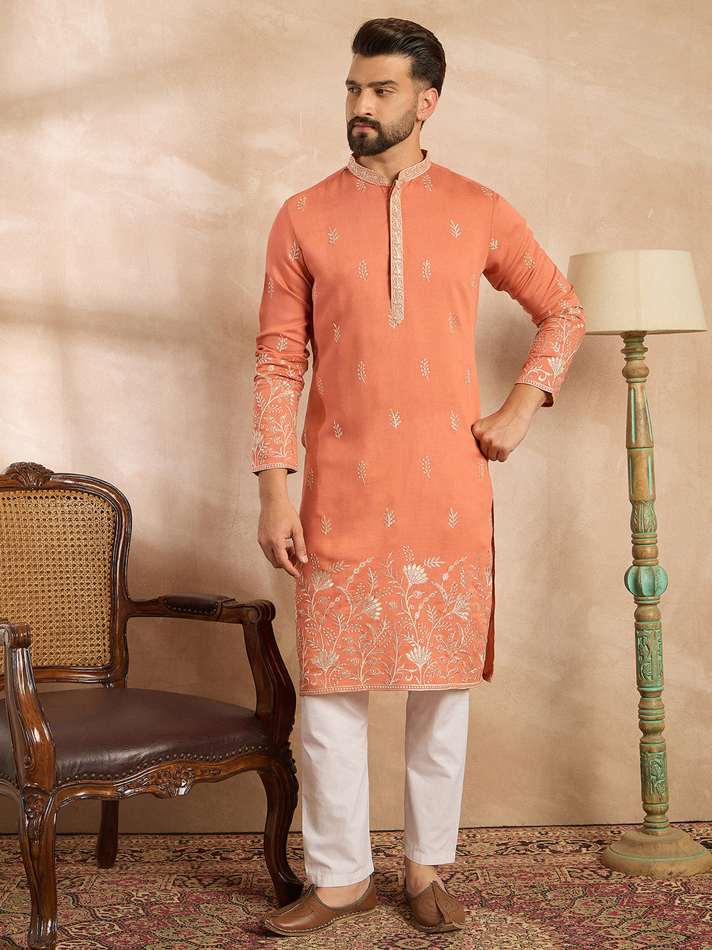 Men Peach Vartican Solid Embroidered Straight Kurta-MKU1935
