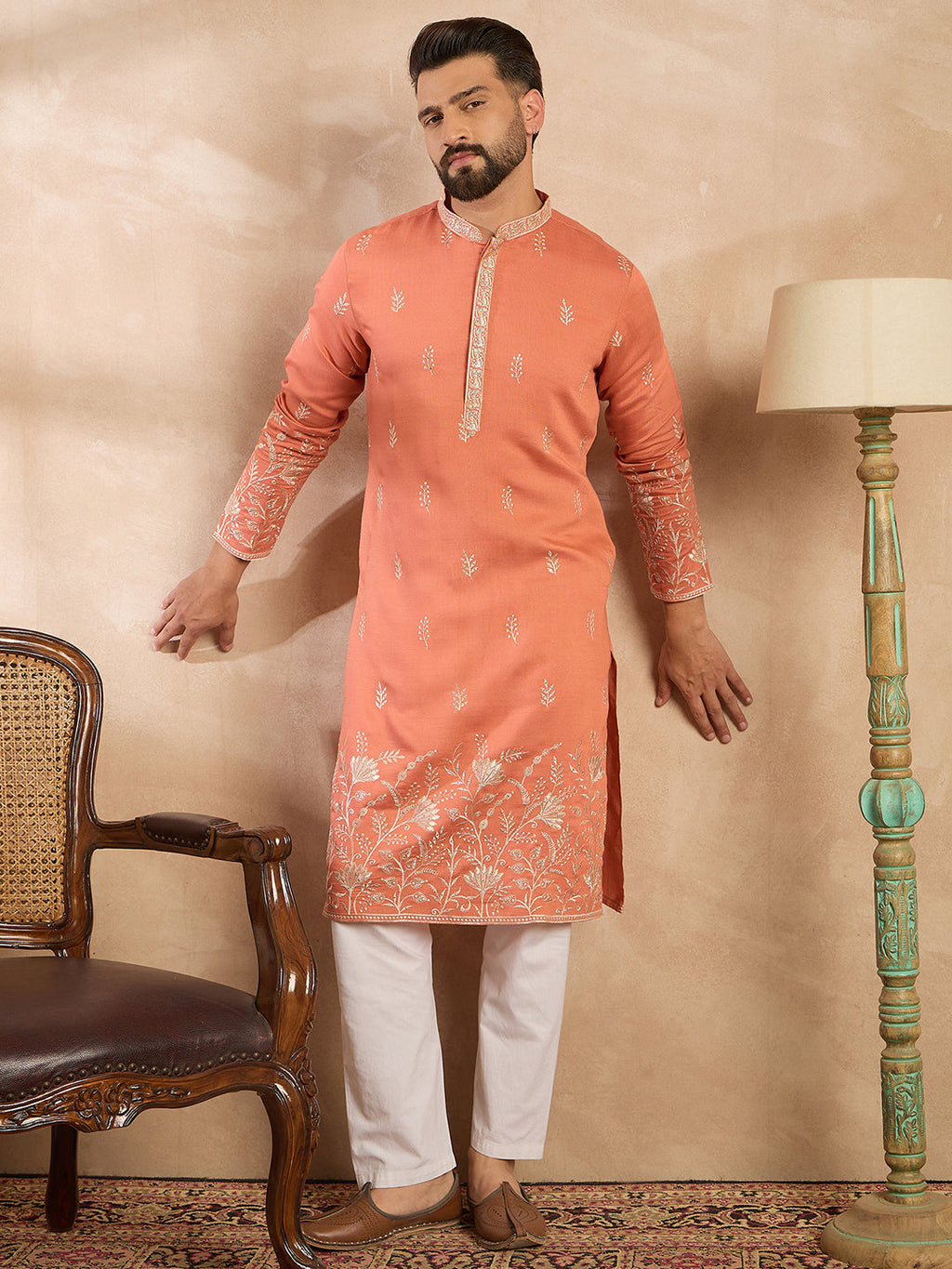 Men Peach Vartican Solid Embroidered Straight Kurta-MKU1935