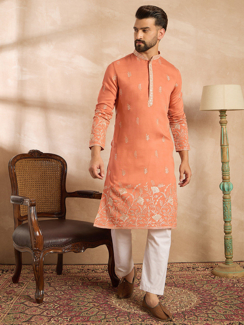 Men Peach Vartican Solid Embroidered Straight Kurta-MKU1935