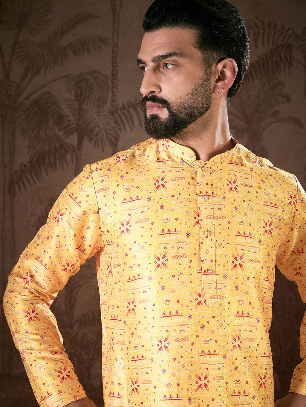 Men Yellow Silk Blend Ethnic Motifs Printed Straight Kurta-MKU1936