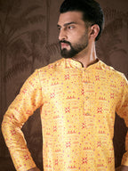 Men Yellow Silk Blend Ethnic Motifs Printed Straight Kurta-MKU1936