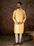 Men Yellow Silk Blend Ethnic Motifs Printed Straight Kurta-MKU1936