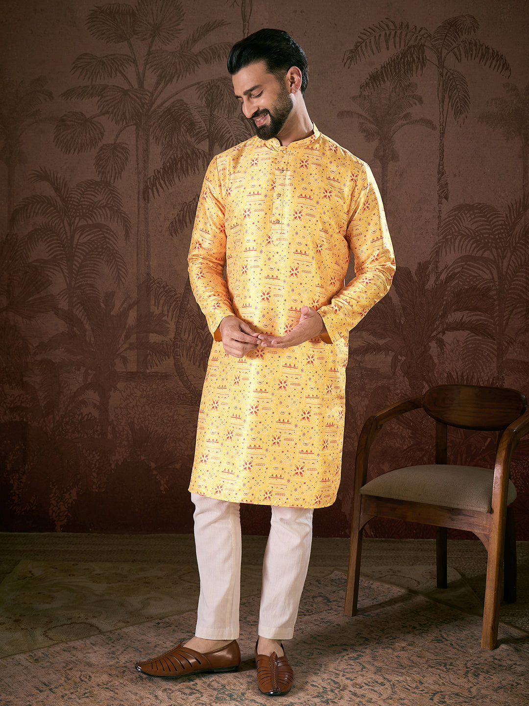 Men Yellow Silk Blend Ethnic Motifs Printed Straight Kurta-MKU1936