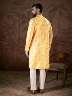 Men Yellow Silk Blend Ethnic Motifs Printed Straight Kurta-MKU1936