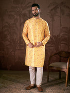 Men Yellow Silk Blend Ethnic Motifs Printed Straight Kurta-MKU1936