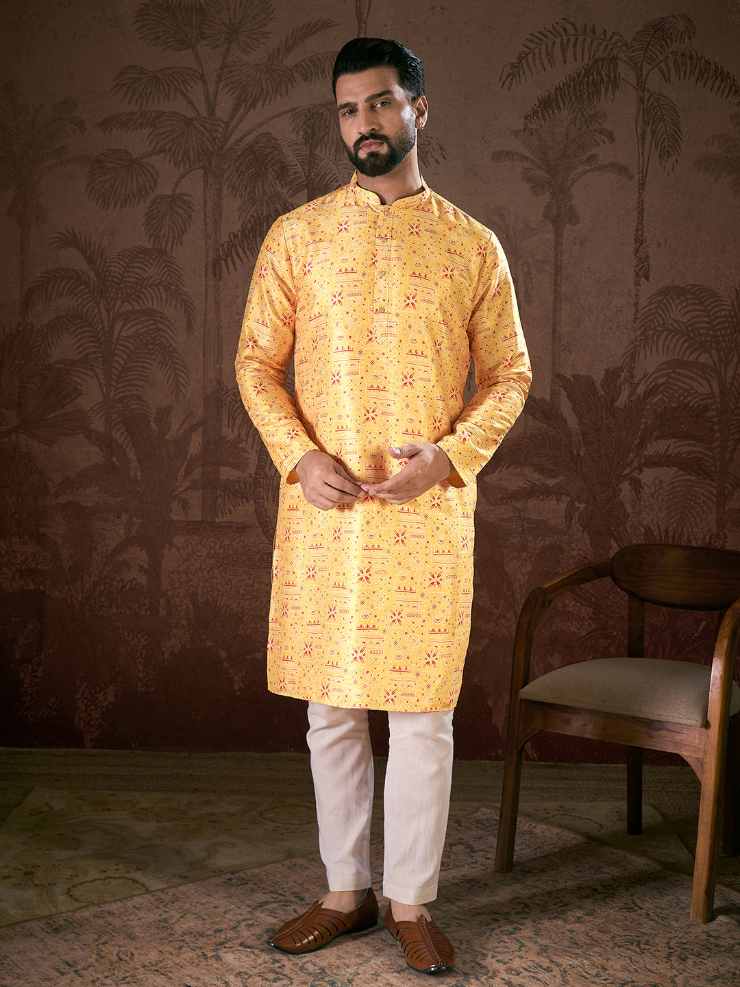 Men Yellow Silk Blend Ethnic Motifs Printed Straight Kurta-MKU1936