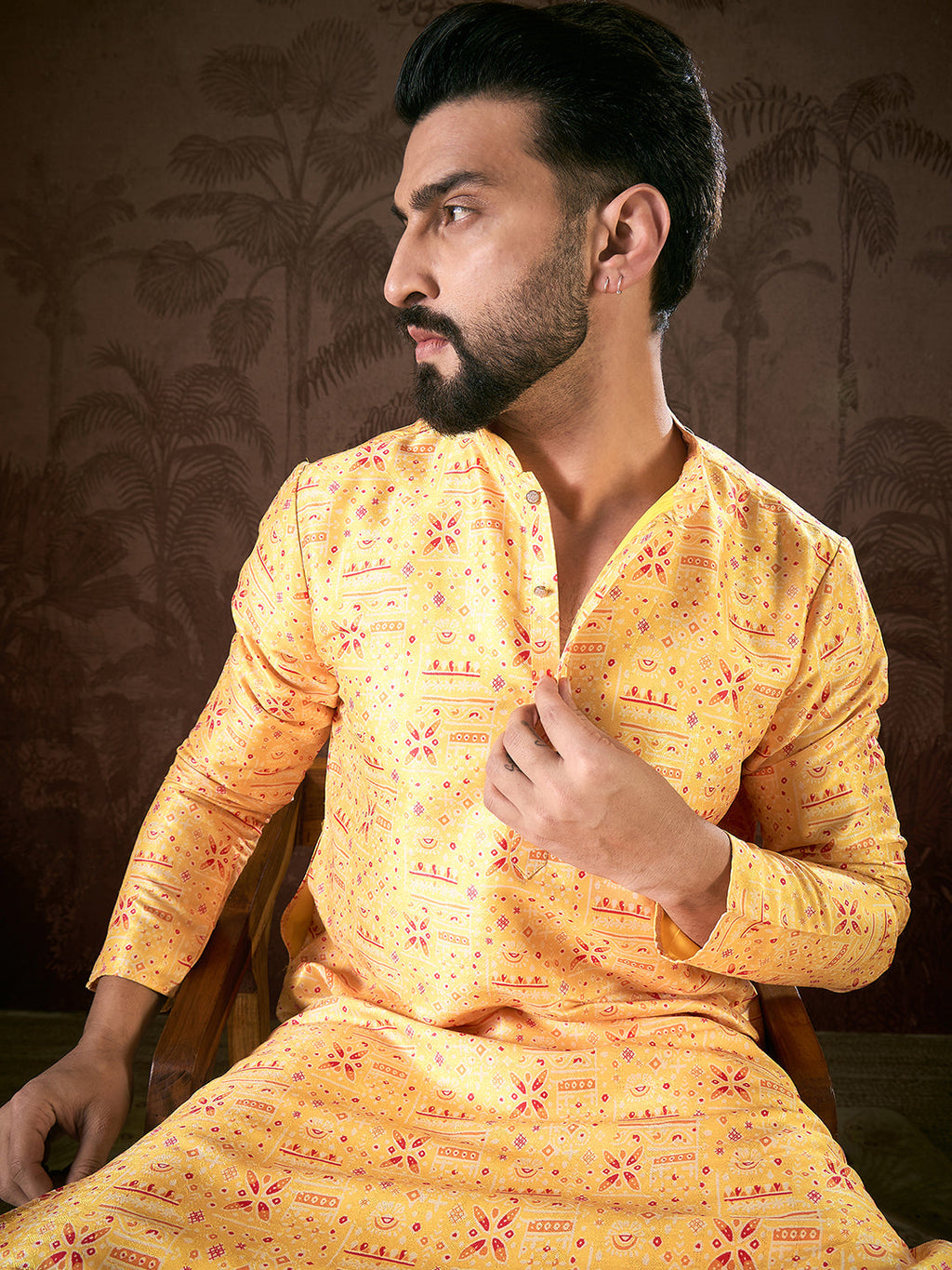 Men Yellow Silk Blend Ethnic Motifs Printed Straight Kurta-MKU1936