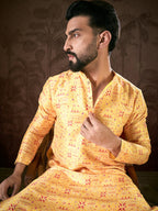 Men Yellow Silk Blend Ethnic Motifs Printed Straight Kurta-MKU1936