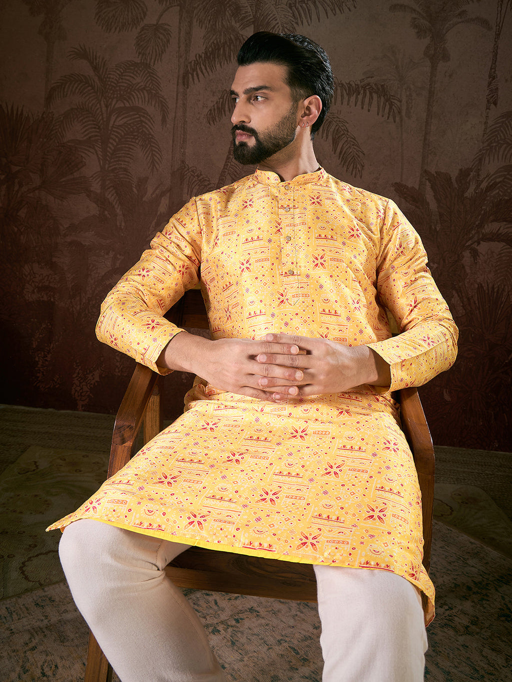 Men Yellow Silk Blend Ethnic Motifs Printed Straight Kurta-MKU1936
