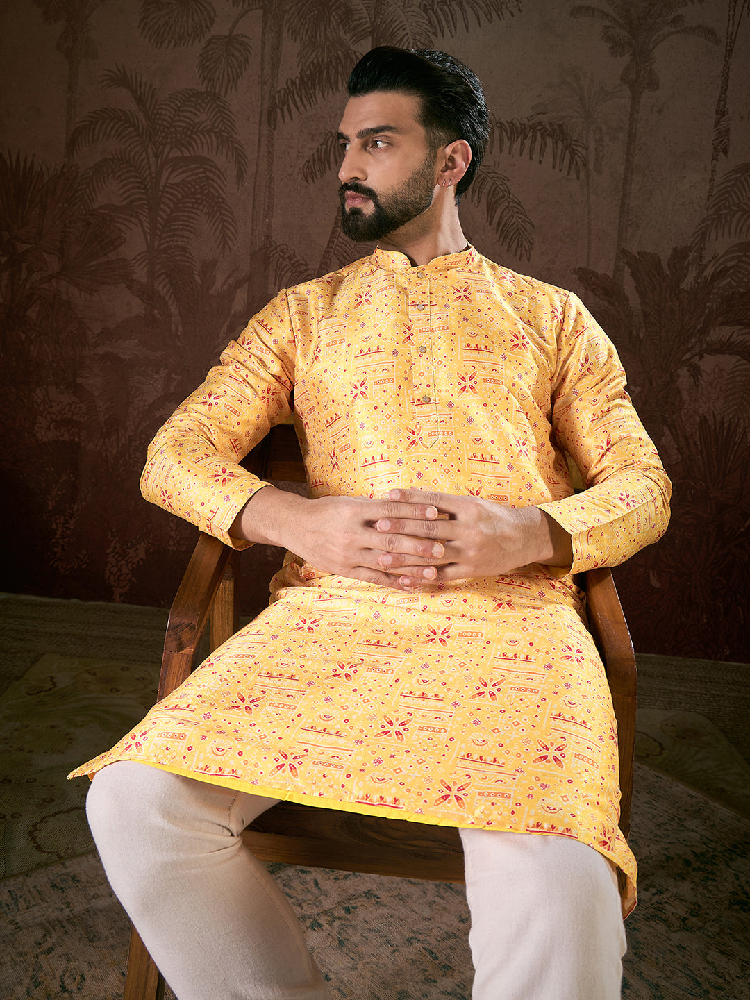 Men Yellow Silk Blend Ethnic Motifs Printed Straight Kurta-MKU1936