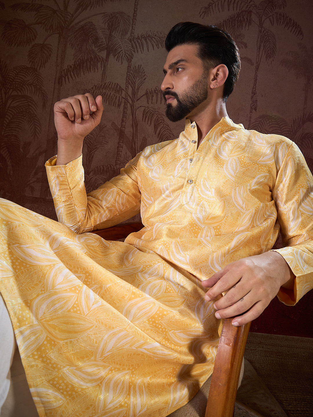 Men Yellow Silk Blend Floral Printed Straight Kurta-MKU1937