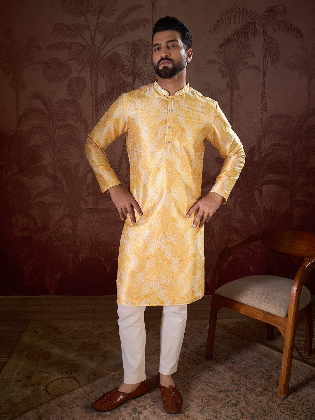 Men Yellow Silk Blend Floral Printed Straight Kurta-MKU1937