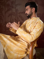 Men Yellow Silk Blend Floral Printed Straight Kurta-MKU1937