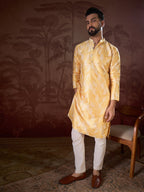 Men Yellow Silk Blend Floral Printed Straight Kurta-MKU1937