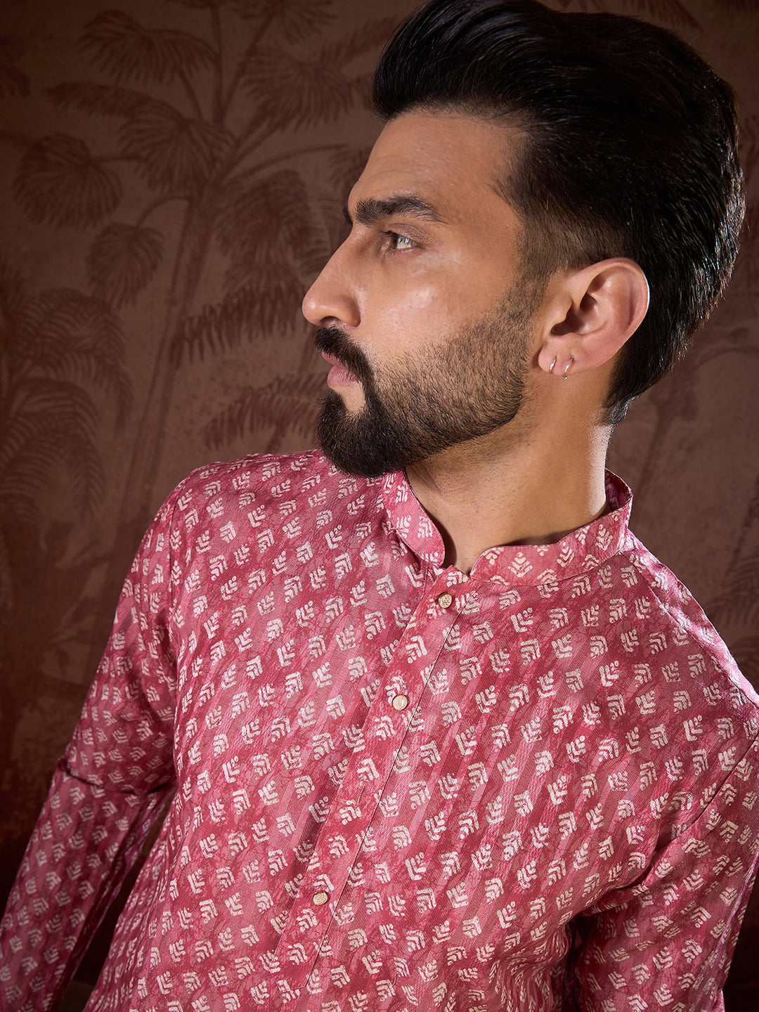 Men Pink Silk Blend Ethnic Motifs Printed Straight Kurta-MKU1938