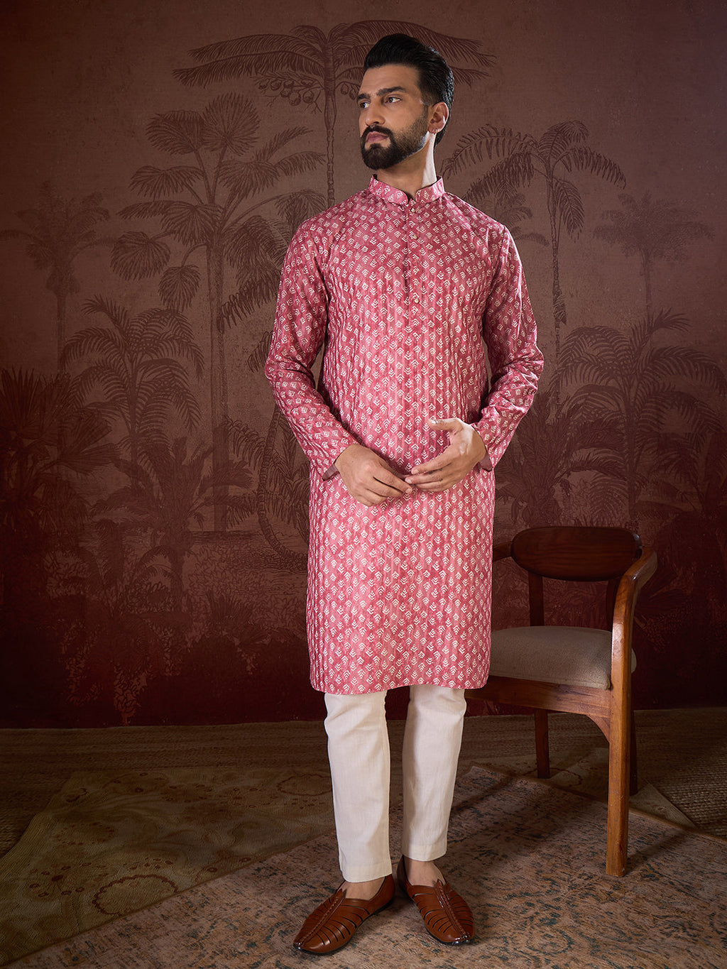 Men Pink Silk Blend Ethnic Motifs Printed Straight Kurta-MKU1938