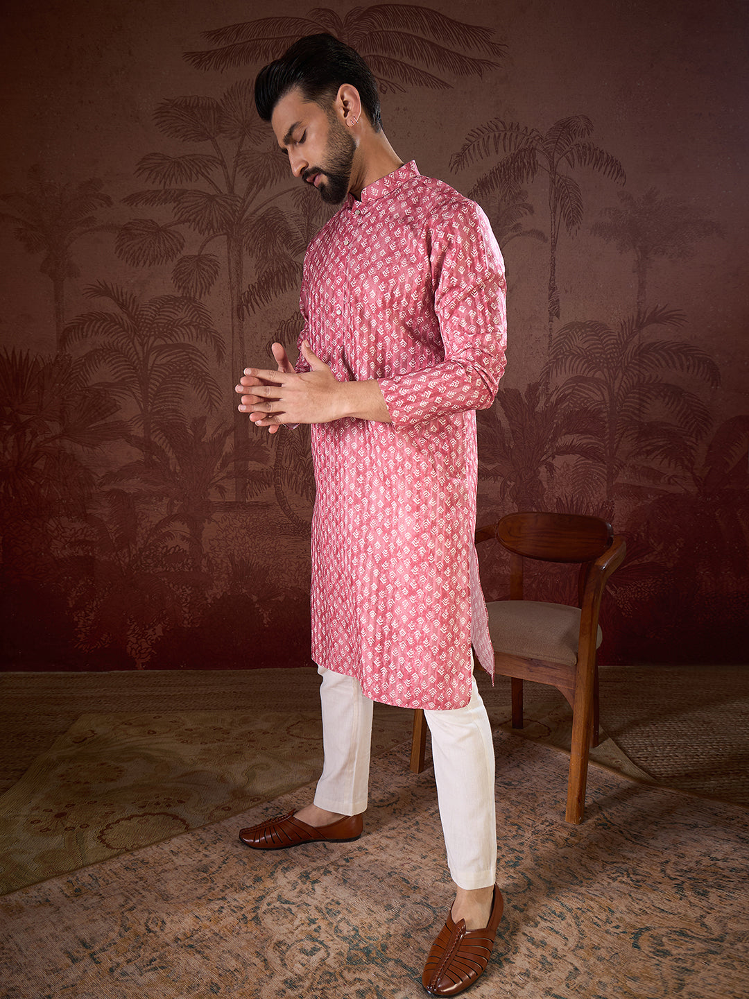 Men Pink Silk Blend Ethnic Motifs Printed Straight Kurta-MKU1938