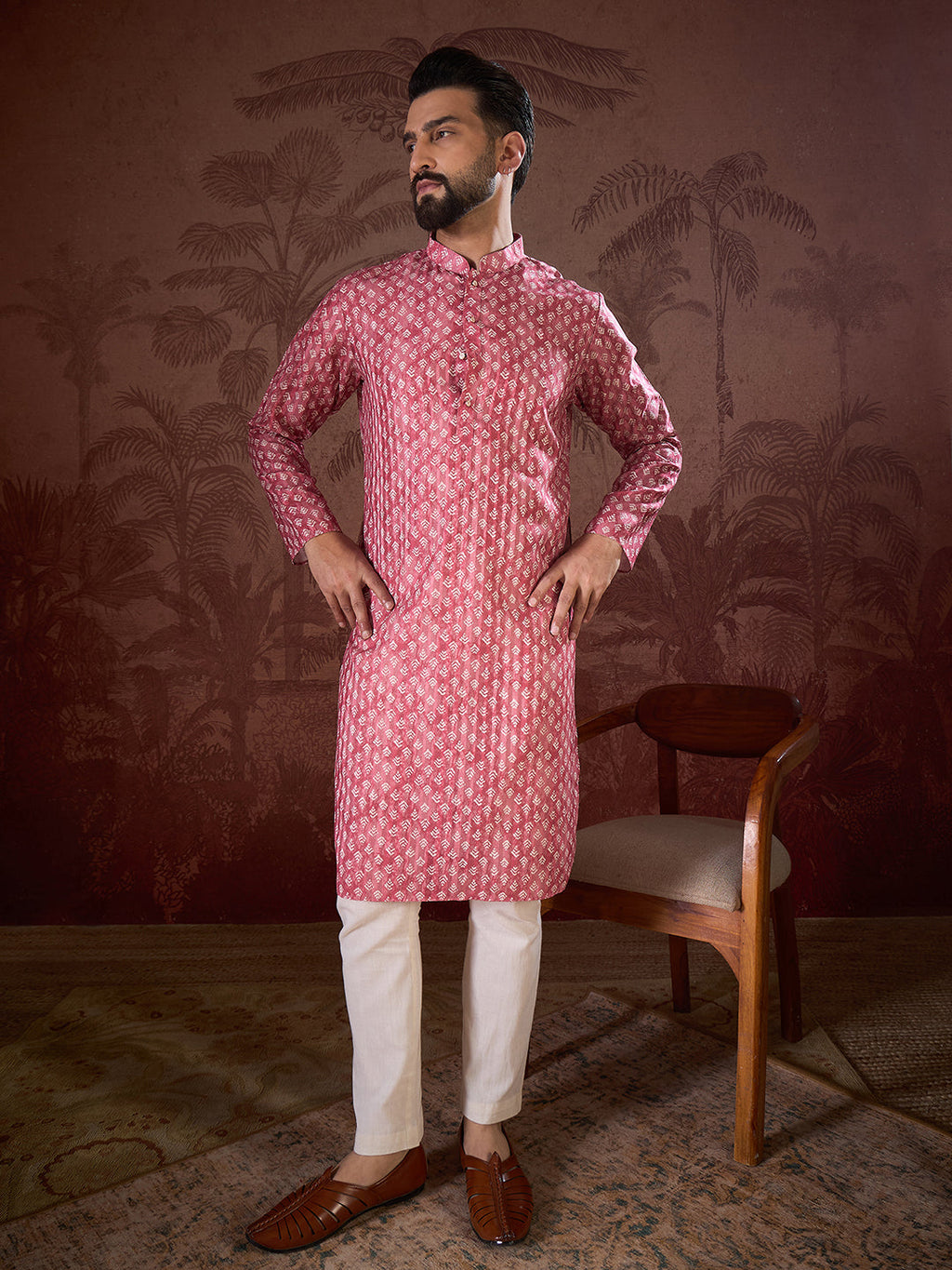 Men Pink Silk Blend Ethnic Motifs Printed Straight Kurta-MKU1938
