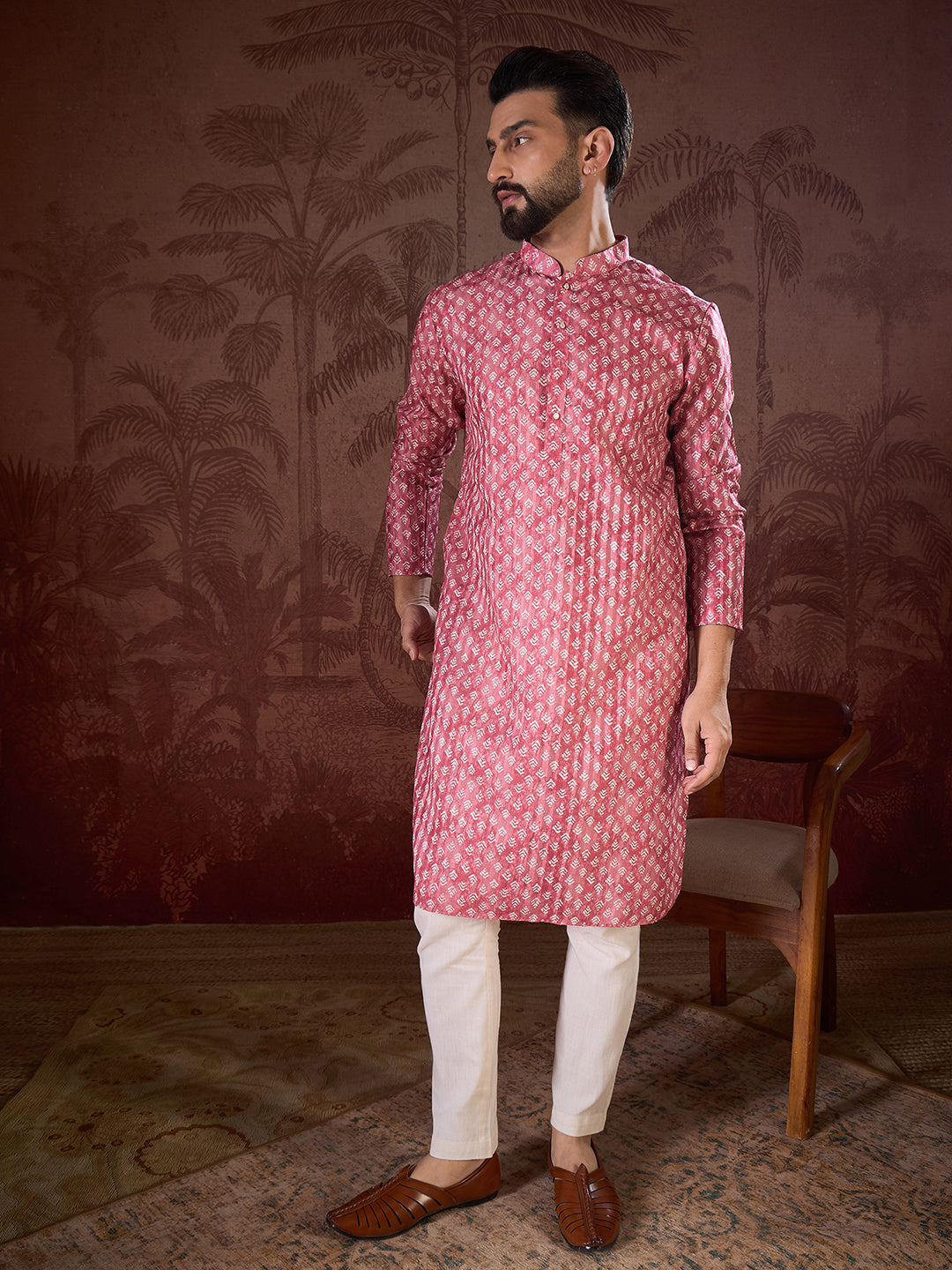 Men Pink Silk Blend Ethnic Motifs Printed Straight Kurta-MKU1938