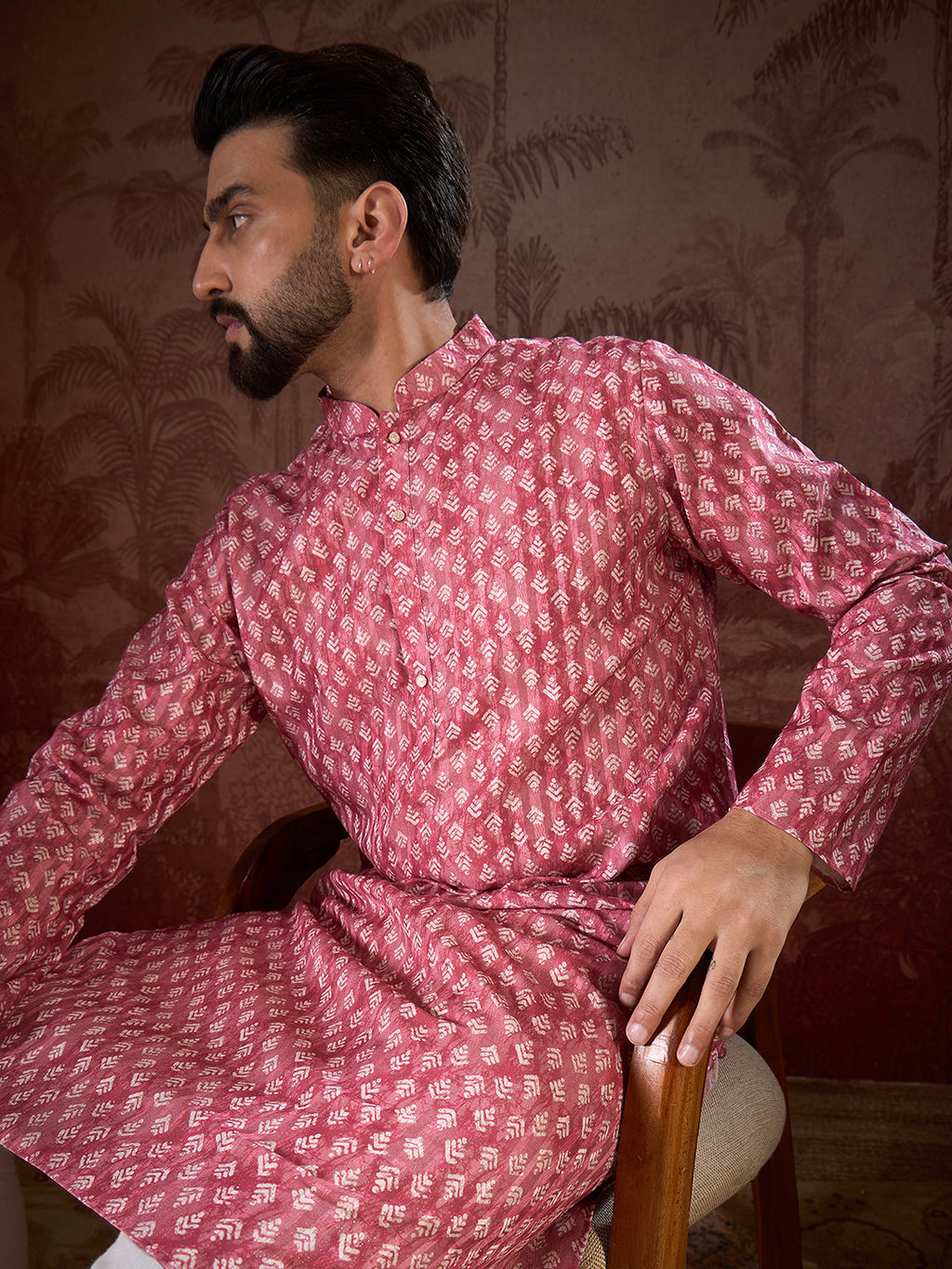 Men Pink Silk Blend Ethnic Motifs Printed Straight Kurta-MKU1938