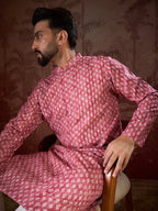 Men Pink Silk Blend Ethnic Motifs Printed Straight Kurta-MKU1938