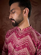 Men Magenta Silk Blend Chevron Printed Straight Kurta-MKU1940