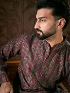 Men Purple Silk Blend Ethnic Motifs Printed Straight Kurta-MKU1941