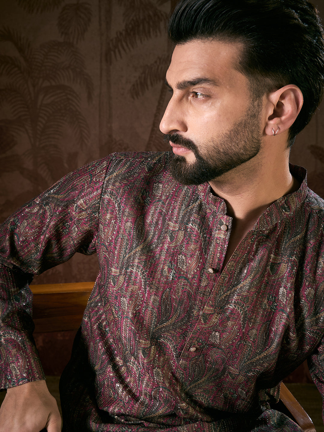 Men Purple Silk Blend Ethnic Motifs Printed Straight Kurta-MKU1941