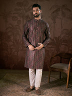 Men Purple Silk Blend Ethnic Motifs Printed Straight Kurta-MKU1941
