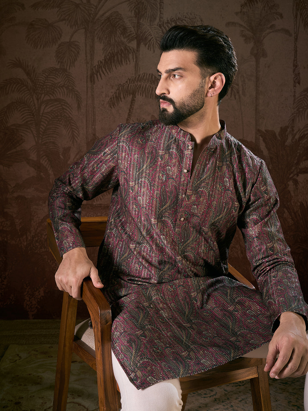 Men Purple Silk Blend Ethnic Motifs Printed Straight Kurta-MKU1941