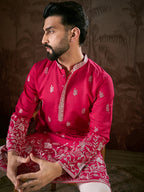 Men Pink Silk Blend Solid Embroidered Straight Kurta-MKU1943