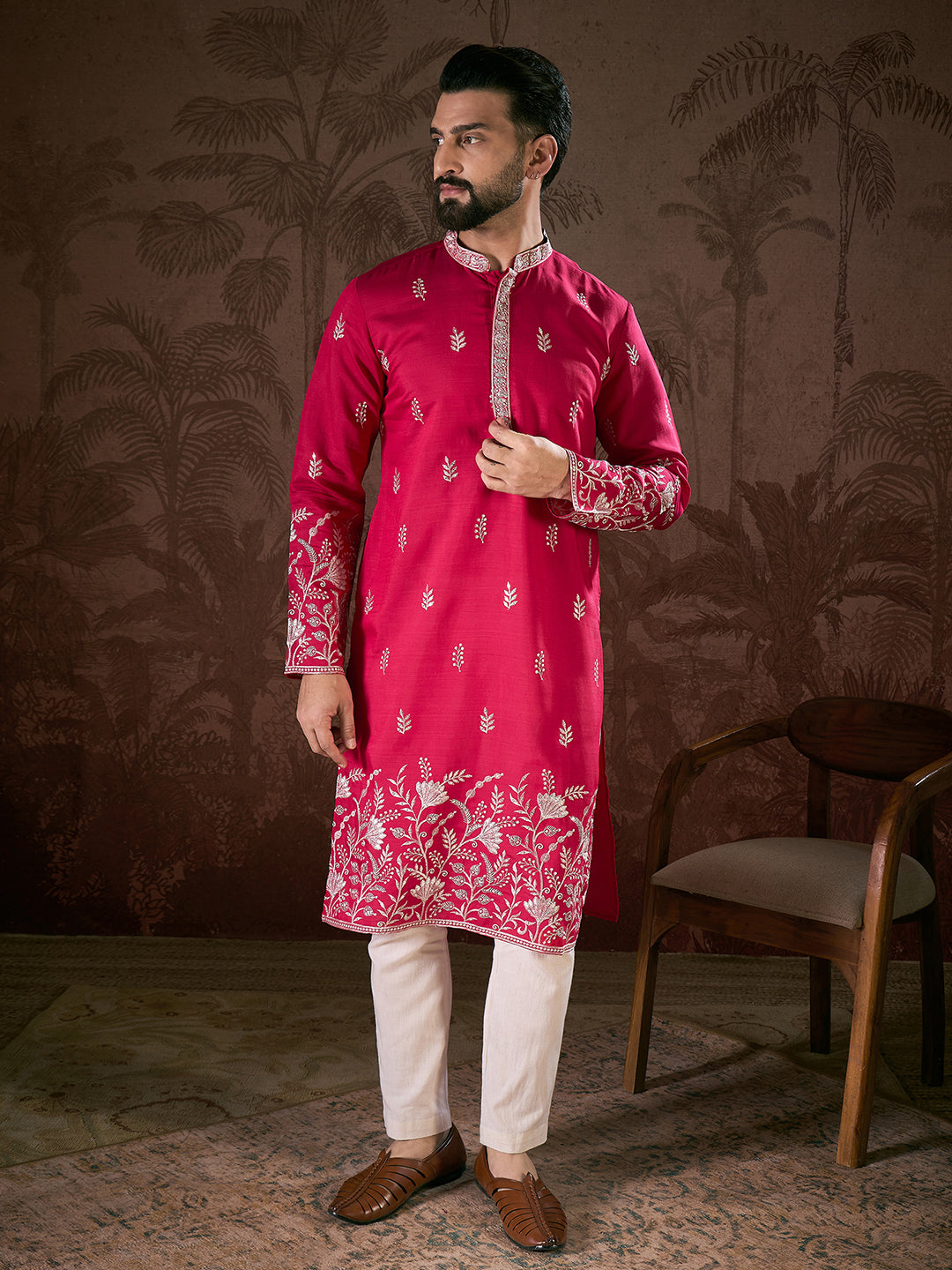 Men Pink Silk Blend Solid Embroidered Straight Kurta-MKU1943