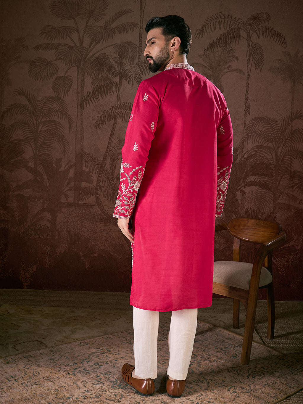 Men Pink Silk Blend Solid Embroidered Straight Kurta-MKU1943