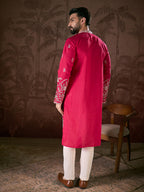 Men Pink Silk Blend Solid Embroidered Straight Kurta-MKU1943