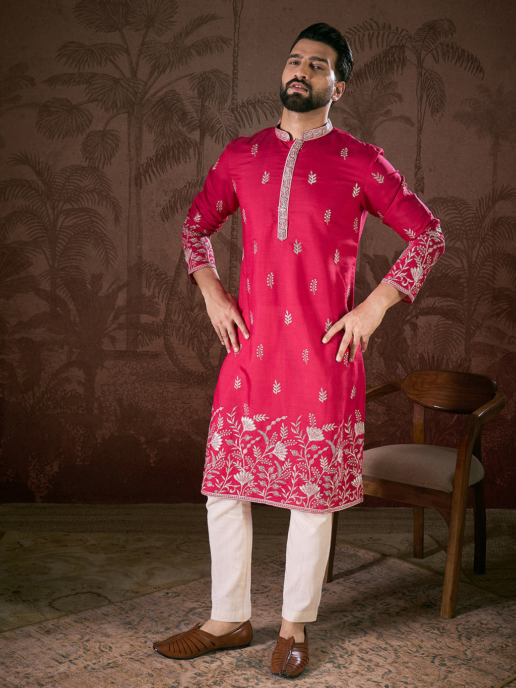 Men Pink Silk Blend Solid Embroidered Straight Kurta-MKU1943