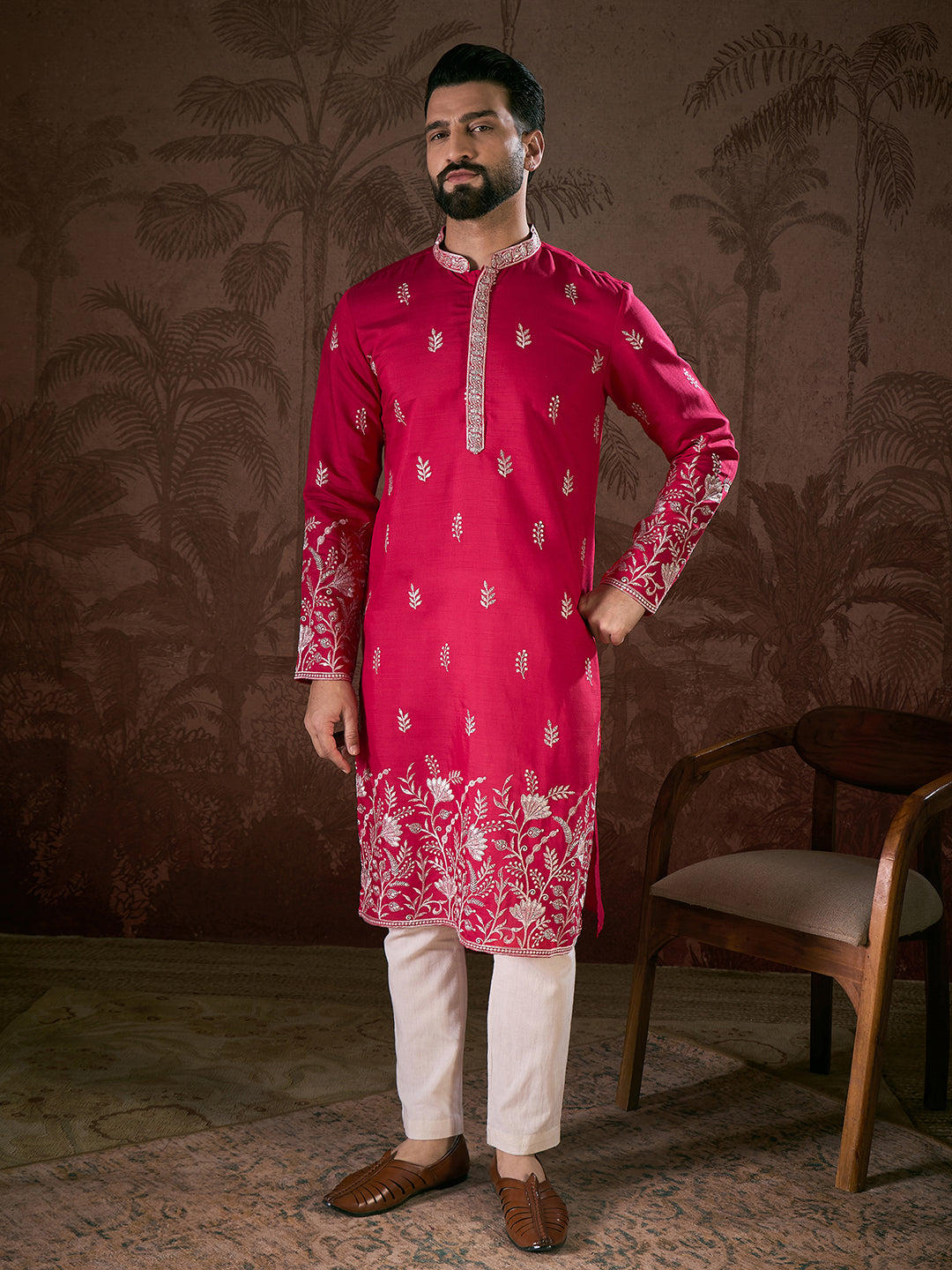 Men Pink Silk Blend Solid Embroidered Straight Kurta-MKU1943