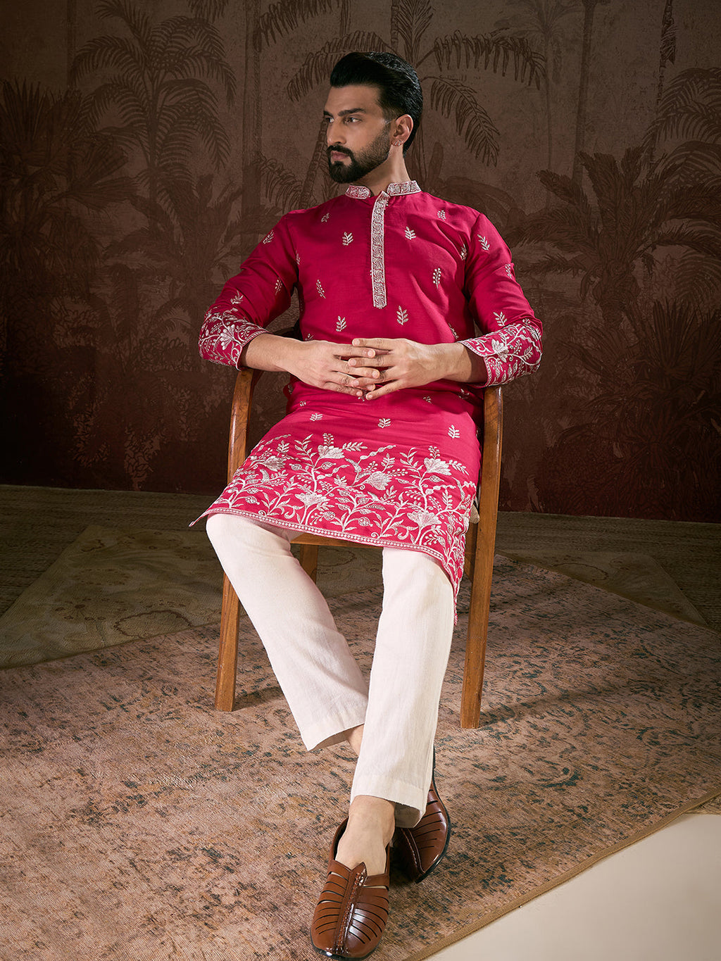 Men Pink Silk Blend Solid Embroidered Straight Kurta-MKU1943