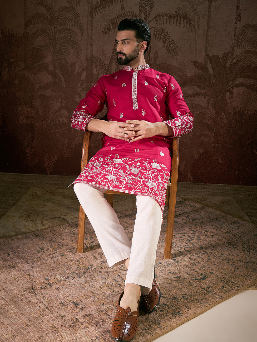 Men Pink Silk Blend Solid Embroidered Straight Kurta-MKU1943