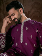 Men Purple Silk Blend Solid Embroidered Straight Kurta-MKU1944