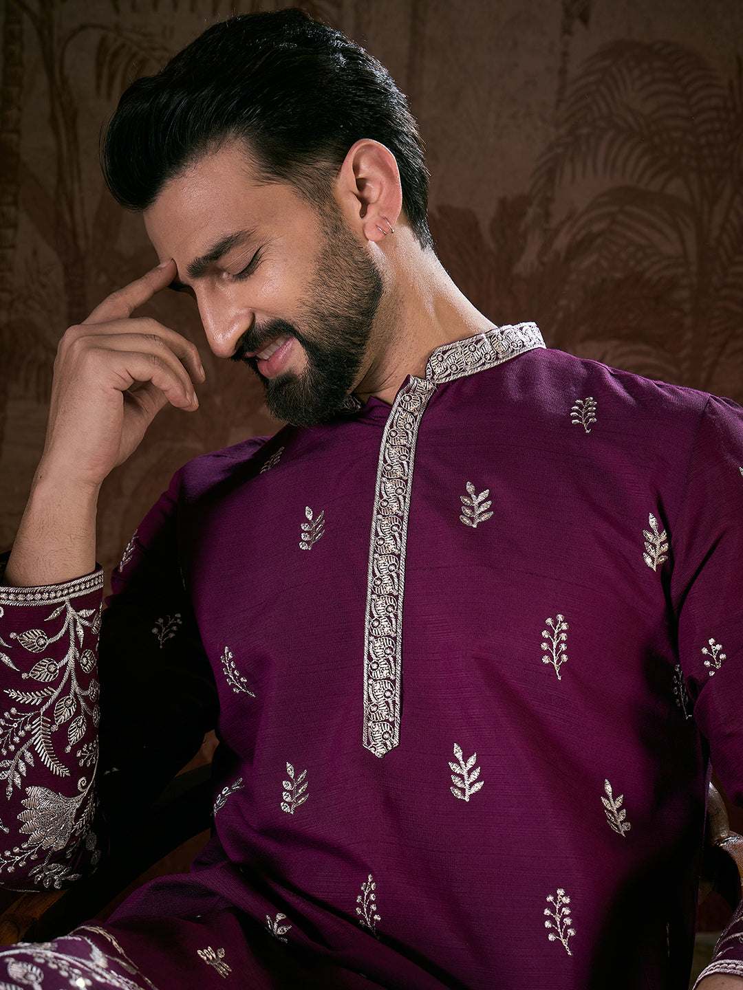 Men Purple Silk Blend Solid Embroidered Straight Kurta-MKU1944