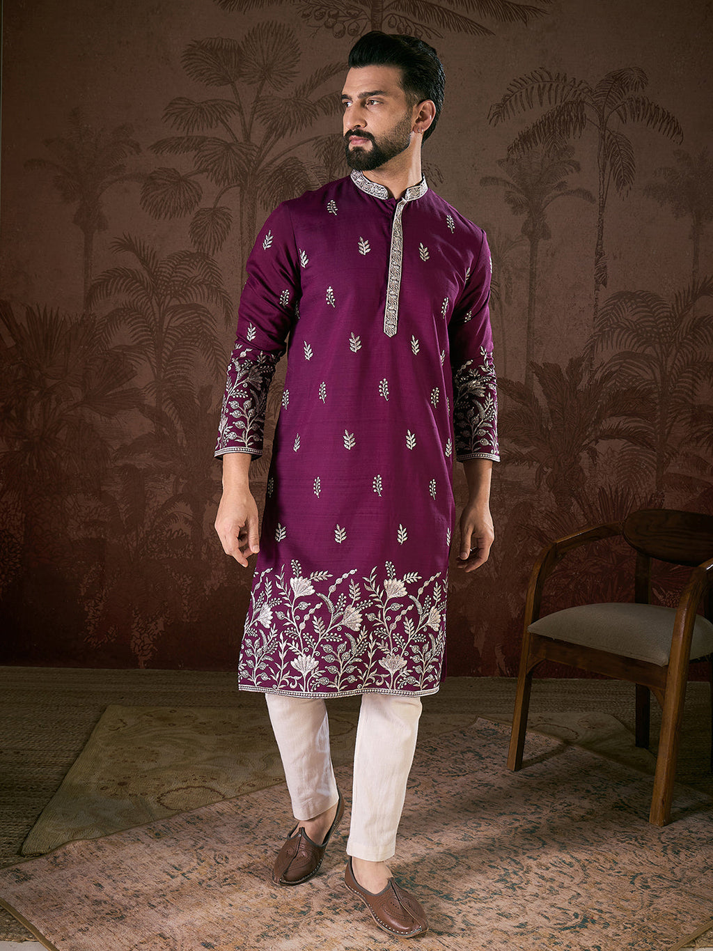 Men Purple Silk Blend Solid Embroidered Straight Kurta-MKU1944