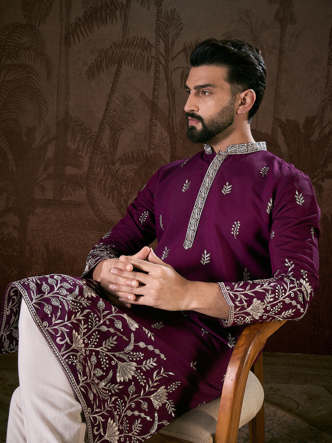 Men Purple Silk Blend Solid Embroidered Straight Kurta-MKU1944