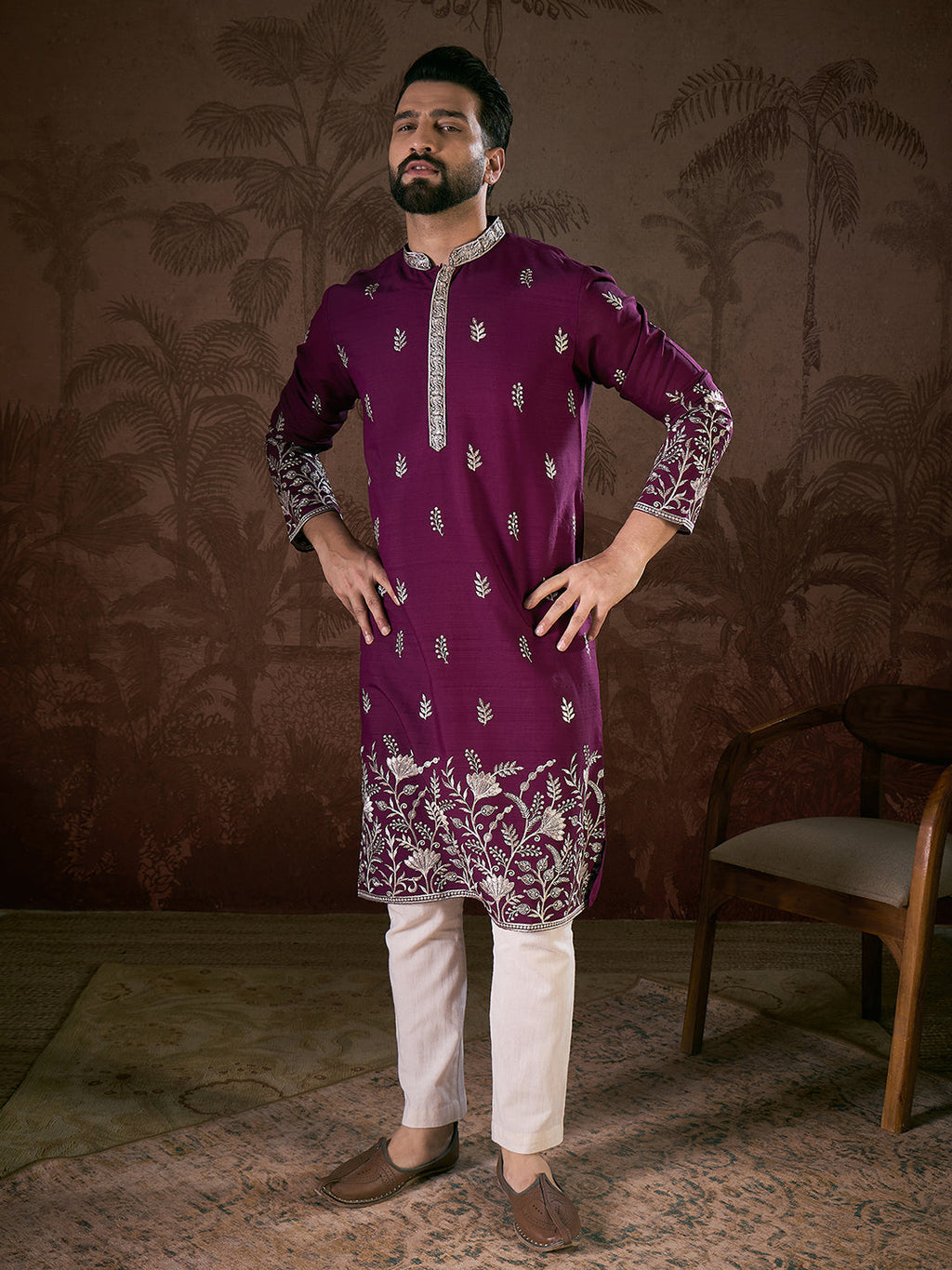 Men Purple Silk Blend Solid Embroidered Straight Kurta-MKU1944