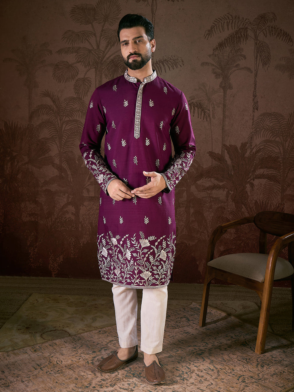 Men Purple Silk Blend Solid Embroidered Straight Kurta-MKU1944